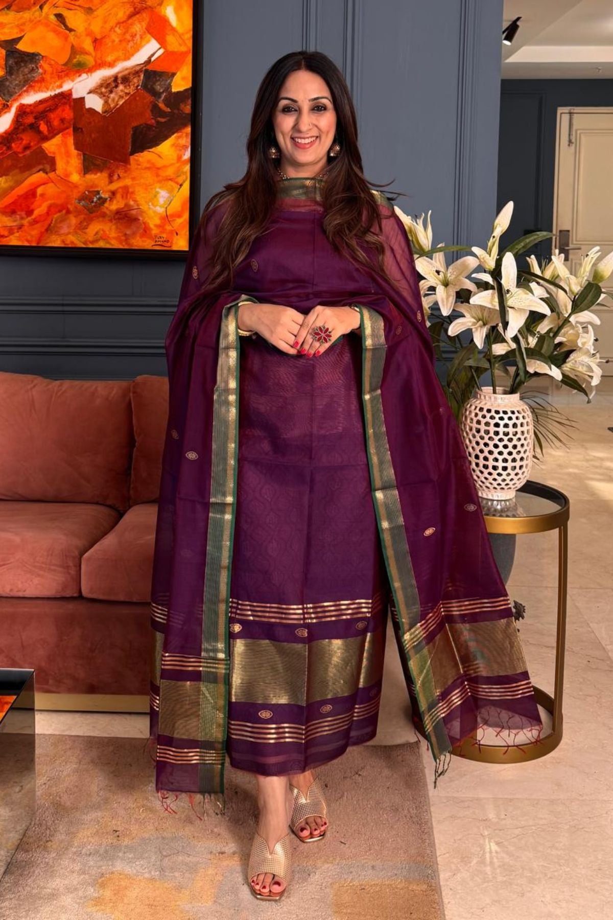 Handwoven Maheshwari silk kurta dupatta set